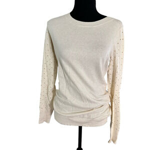EXPRESS BEIGE CREWNECK LONG SLEEVE SWEATER WITH GOLD STUD ARM DETAILS